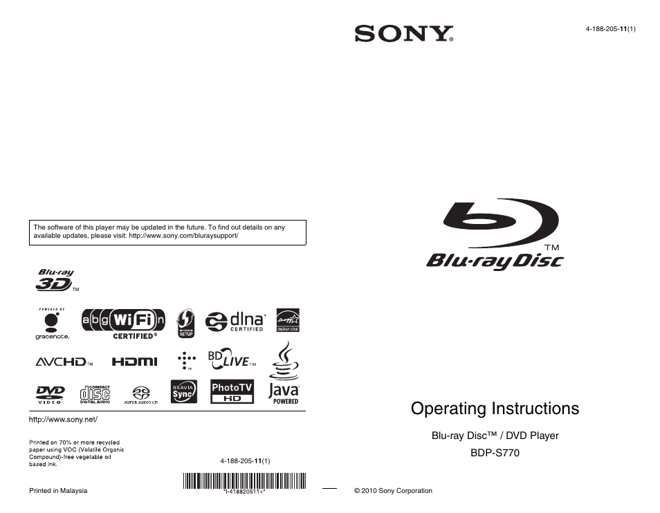 Sony BDP-S770 User Manual | 39 pages