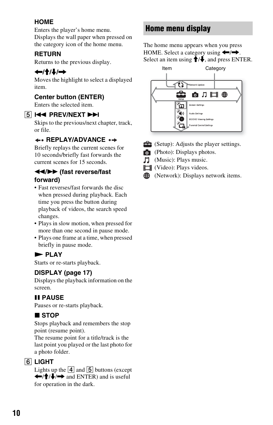 Home menu display | Sony BDP-S770 User Manual | Page 10 / 39