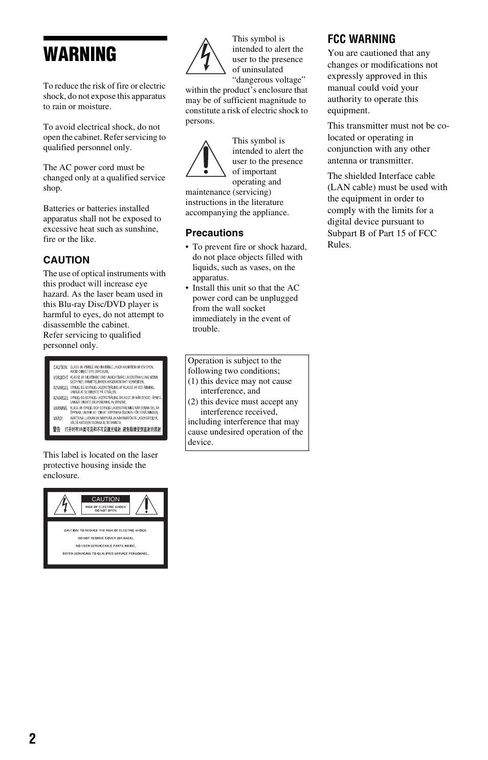 Warning | Sony BDP-S770 User Manual | Page 2 / 39