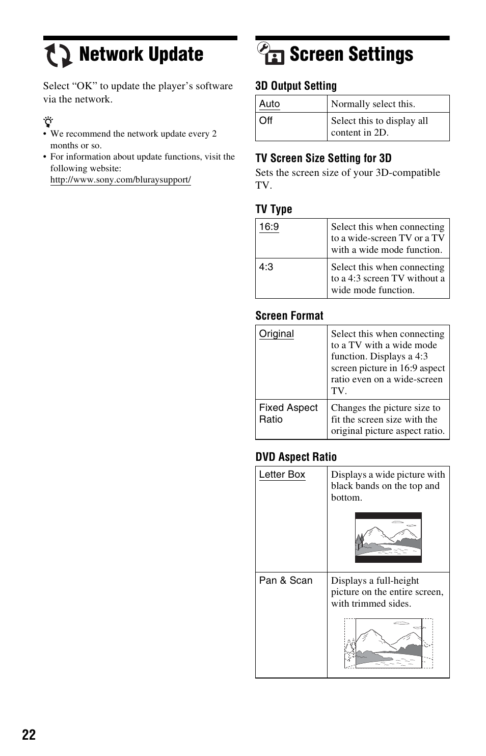 Network update, Screen settings, Network update screen settings | Sony BDP-S770 User Manual | Page 22 / 39