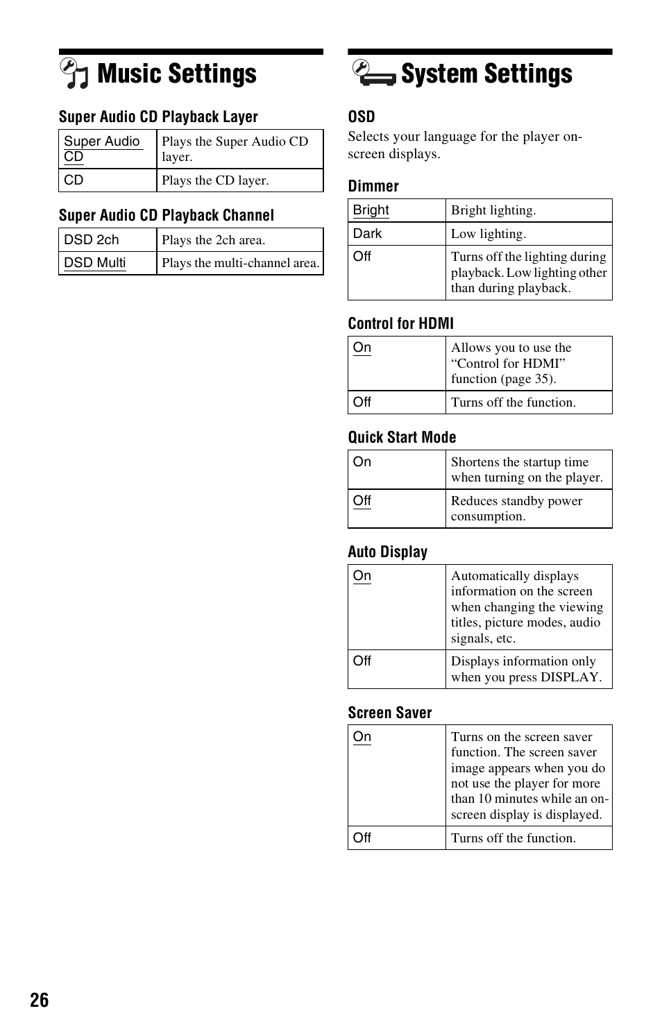 Music settings, System settings, Music settings system settings | Sony BDP-S770 User Manual | Page 26 / 39