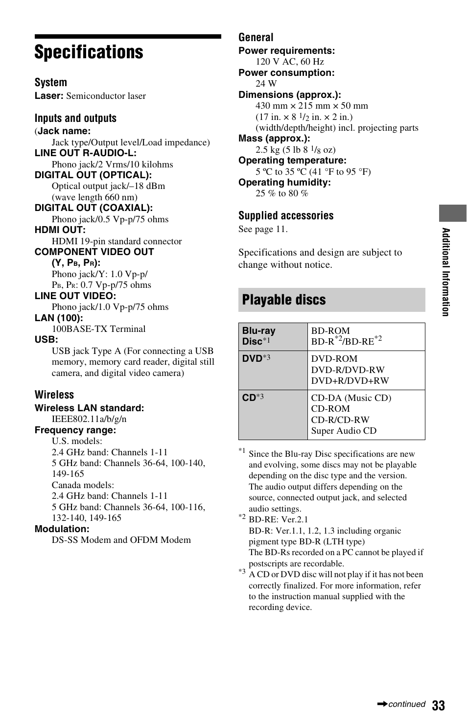 Specifications, Playable discs | Sony BDP-S770 User Manual | Page 33 / 39