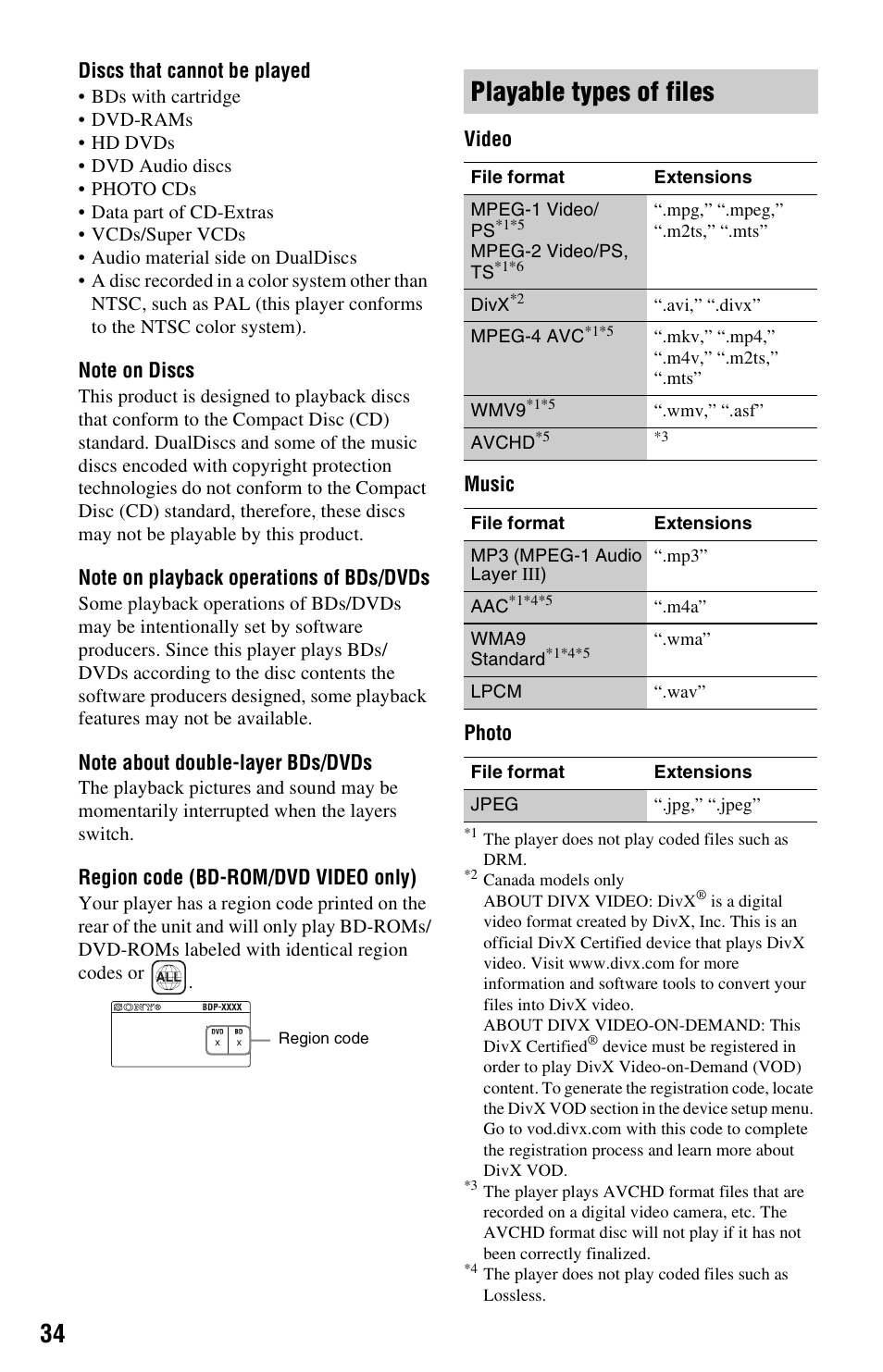 Playable types of files, Discs that cannot be played, Region code (bd-rom/dvd video only) | Video music photo | Sony BDP-S770 User Manual | Page 34 / 39