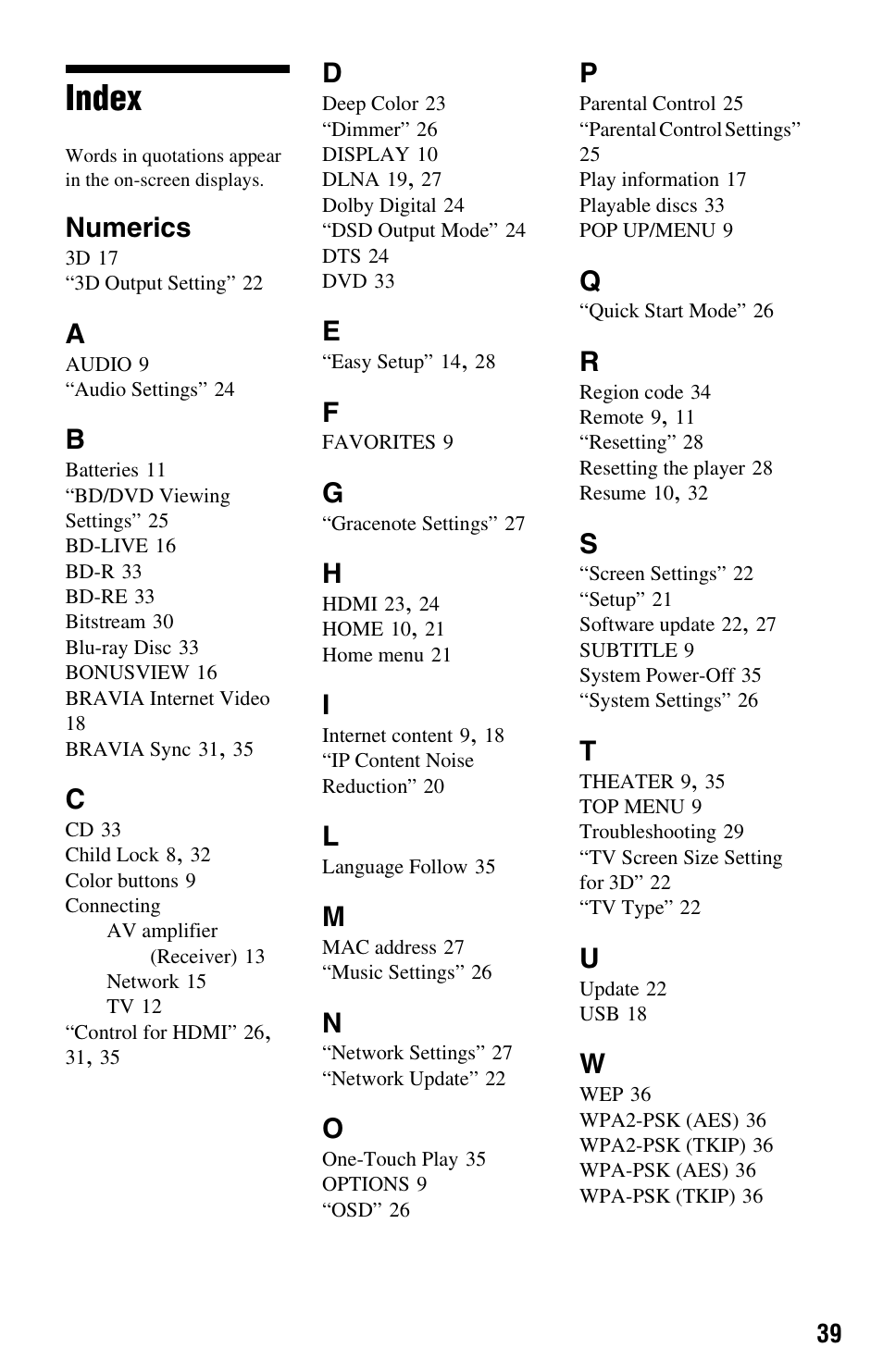 Index, Numerics | Sony BDP-S770 User Manual | Page 39 / 39