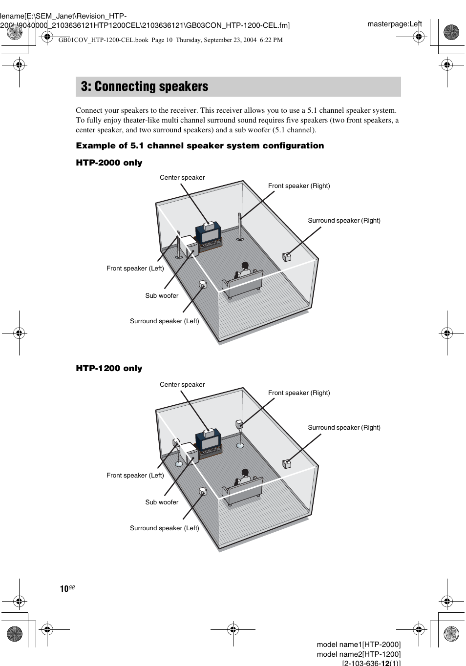 Connecting speakers | Sony HTP-2000 User Manual | Page 10 / 40