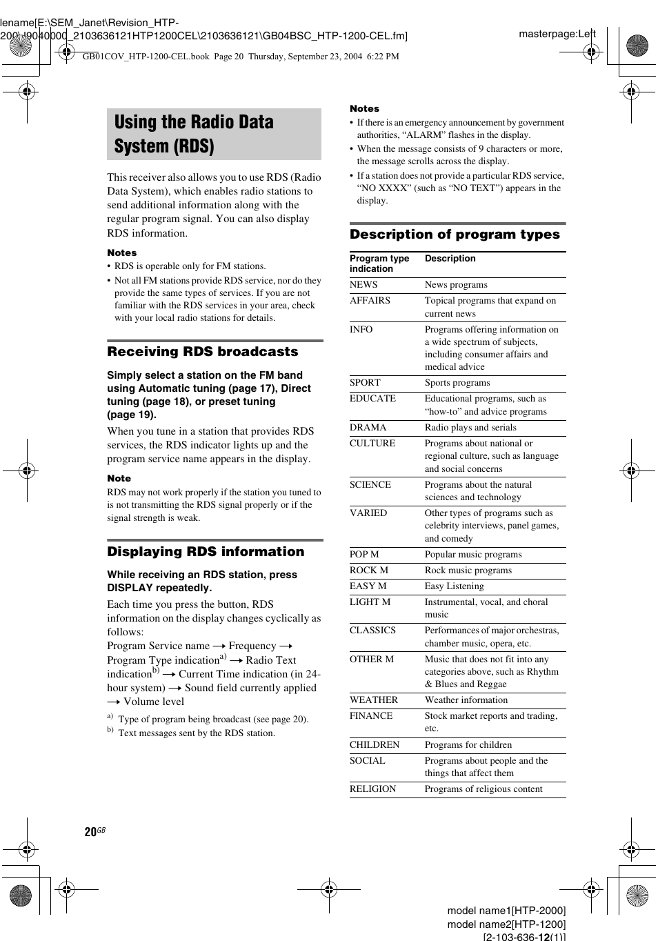 Using the radio data system (rds), Receiving rds broadcasts, Displaying rds information | Description of program types | Sony HTP-2000 User Manual | Page 20 / 40
