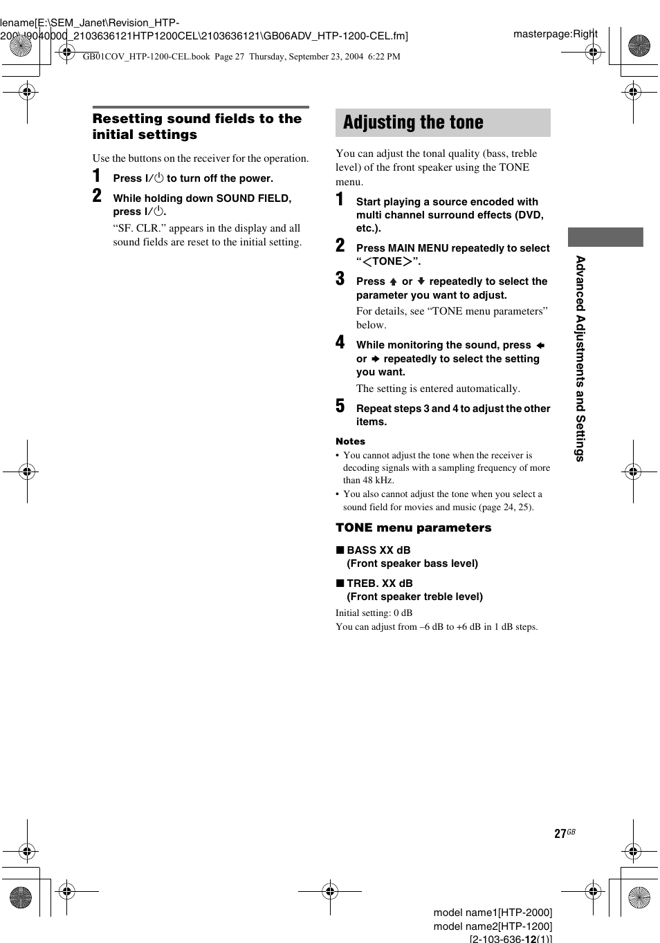 Adjusting the tone | Sony HTP-2000 User Manual | Page 27 / 40