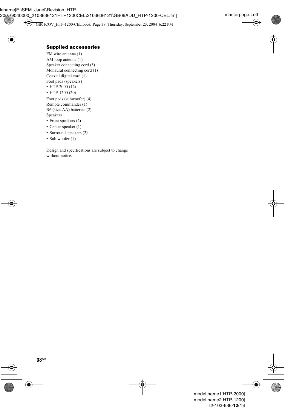 Sony HTP-2000 User Manual | Page 38 / 40