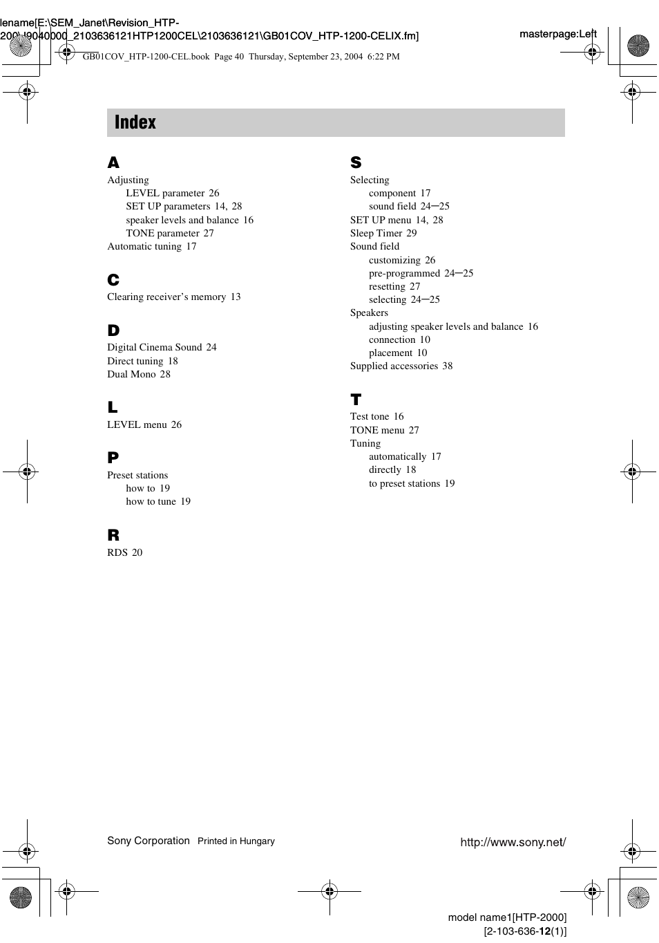 Index | Sony HTP-2000 User Manual | Page 40 / 40