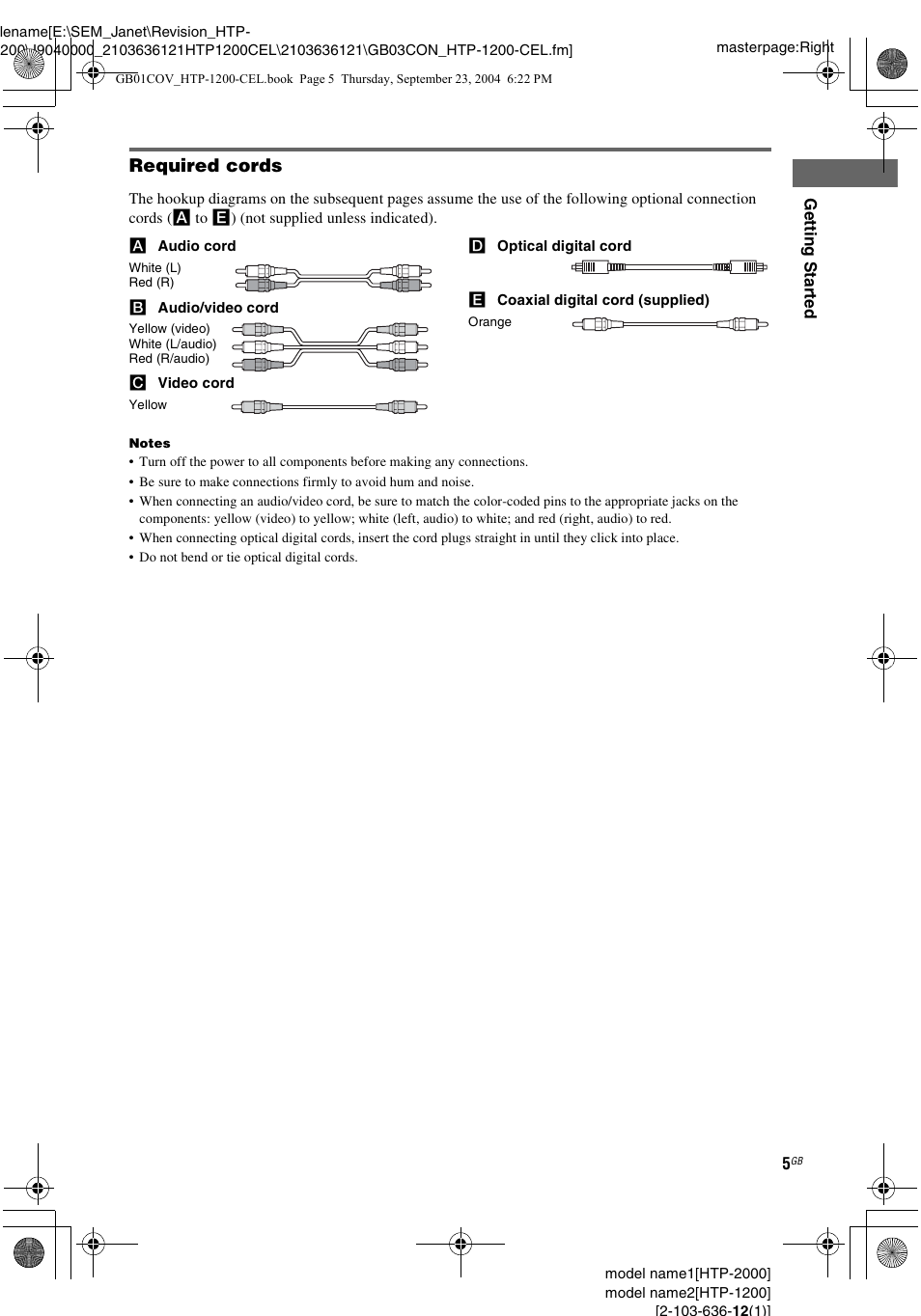 Required cords | Sony HTP-2000 User Manual | Page 5 / 40