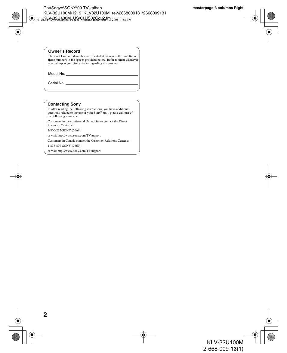 Sony KLV-40U100M User Manual | Page 2 / 48