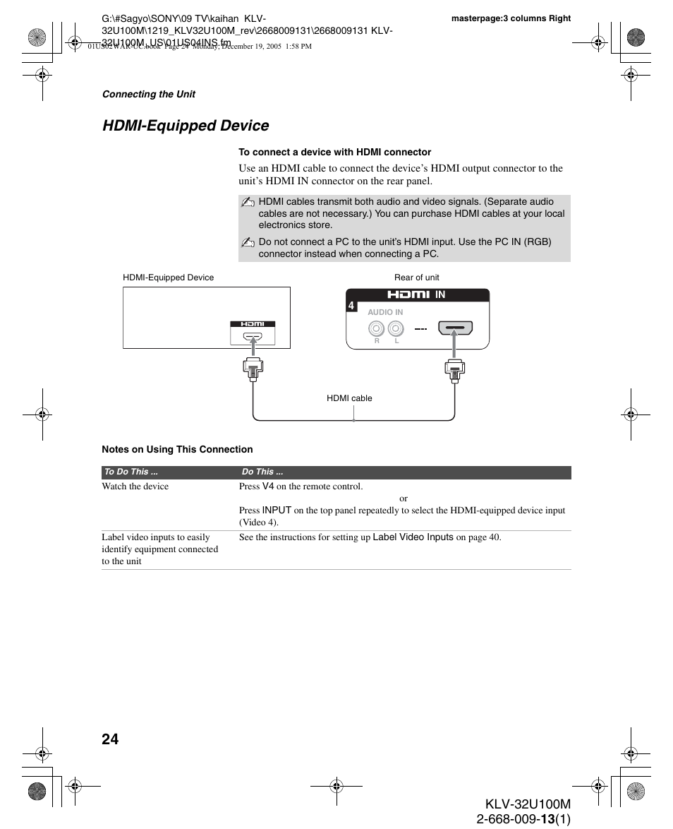 Hdmi-equipped device | Sony KLV-40U100M User Manual | Page 24 / 48