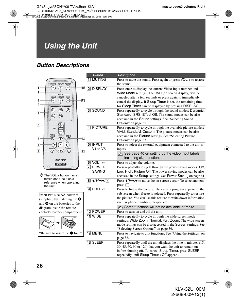 Using the unit, Button descriptions | Sony KLV-40U100M User Manual | Page 28 / 48