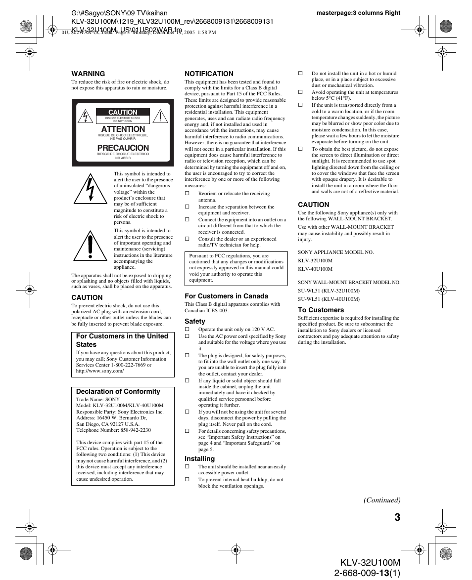 Attention, Precaucion, Continued) | Sony KLV-40U100M User Manual | Page 3 / 48