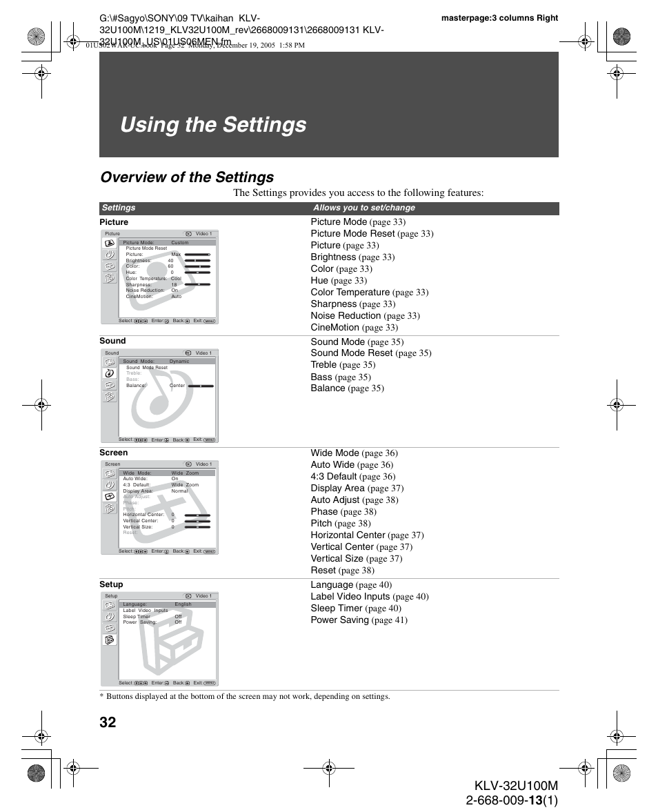 Using the settings, Overview of the settings | Sony KLV-40U100M User Manual | Page 32 / 48