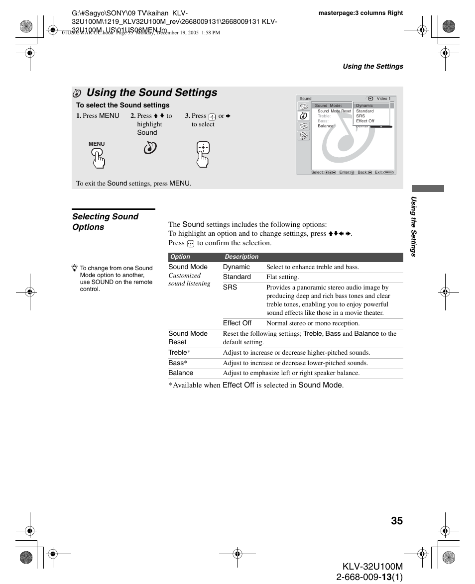 Using the sound settings, Selecting sound options, See “selecting sound | Sony KLV-40U100M User Manual | Page 35 / 48