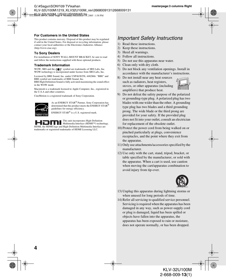 Important safety instructions | Sony KLV-40U100M User Manual | Page 4 / 48