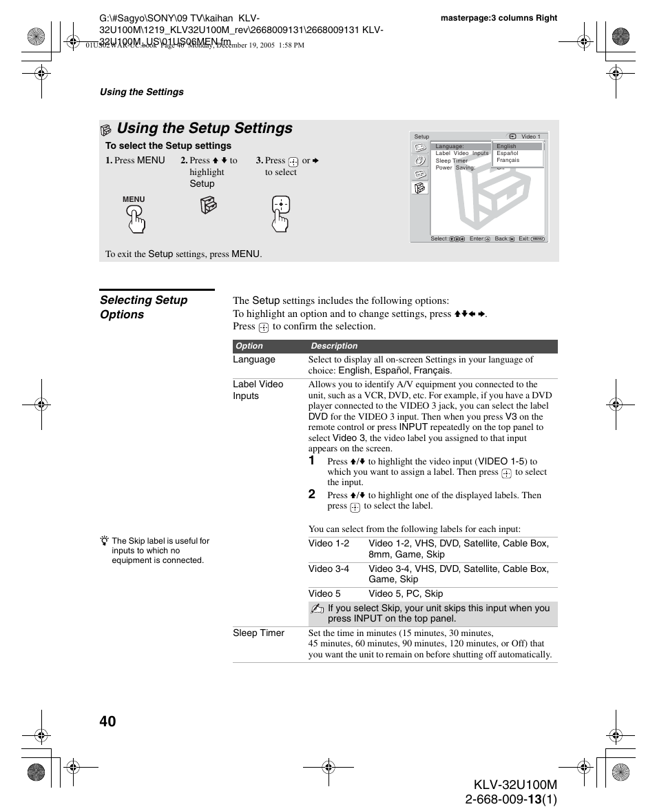 Using the setup settings, Selecting setup options | Sony KLV-40U100M User Manual | Page 40 / 48