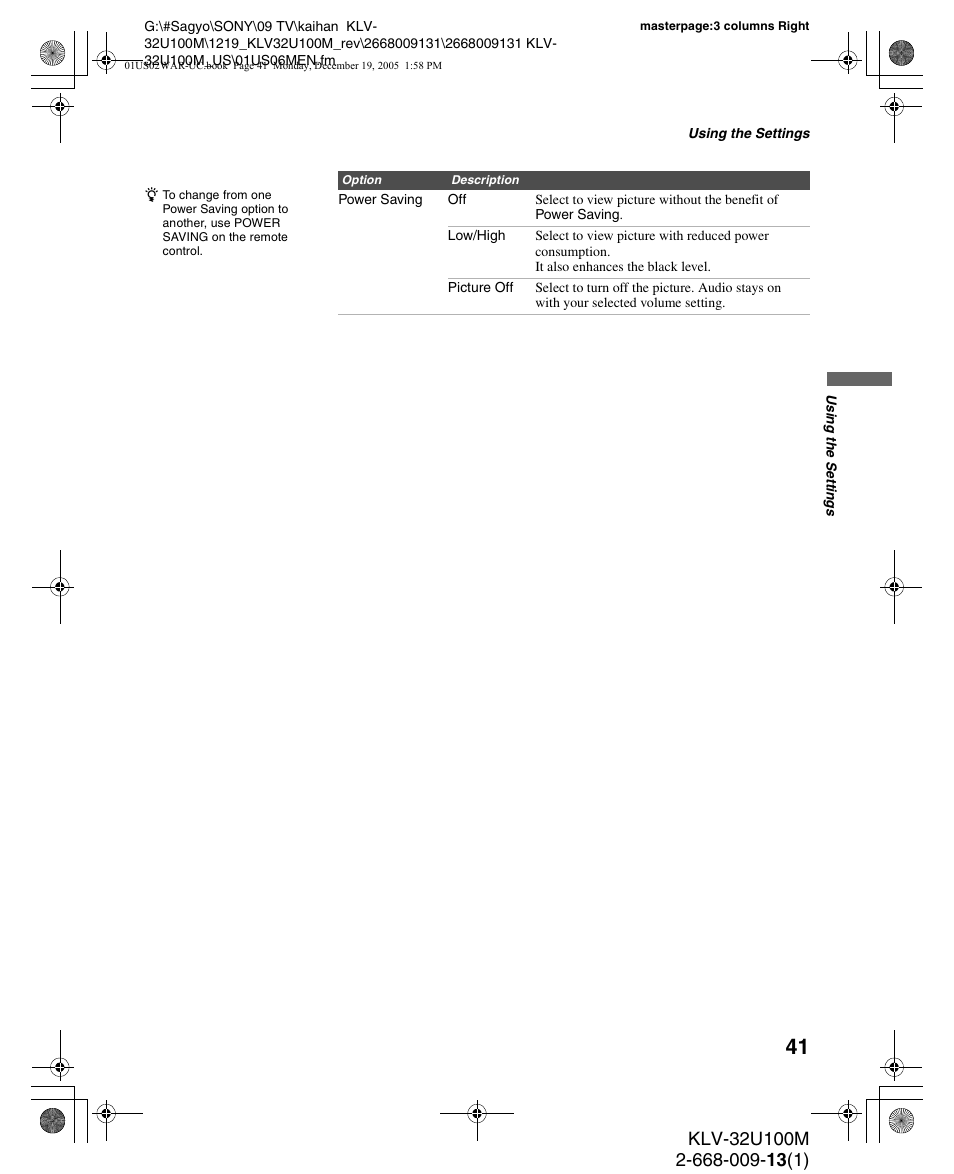 Sony KLV-40U100M User Manual | Page 41 / 48