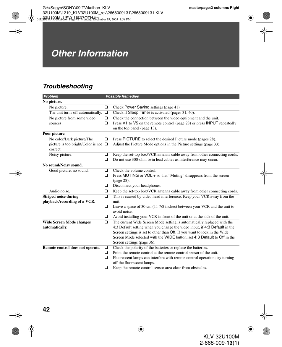 Other information, Troubleshooting | Sony KLV-40U100M User Manual | Page 42 / 48