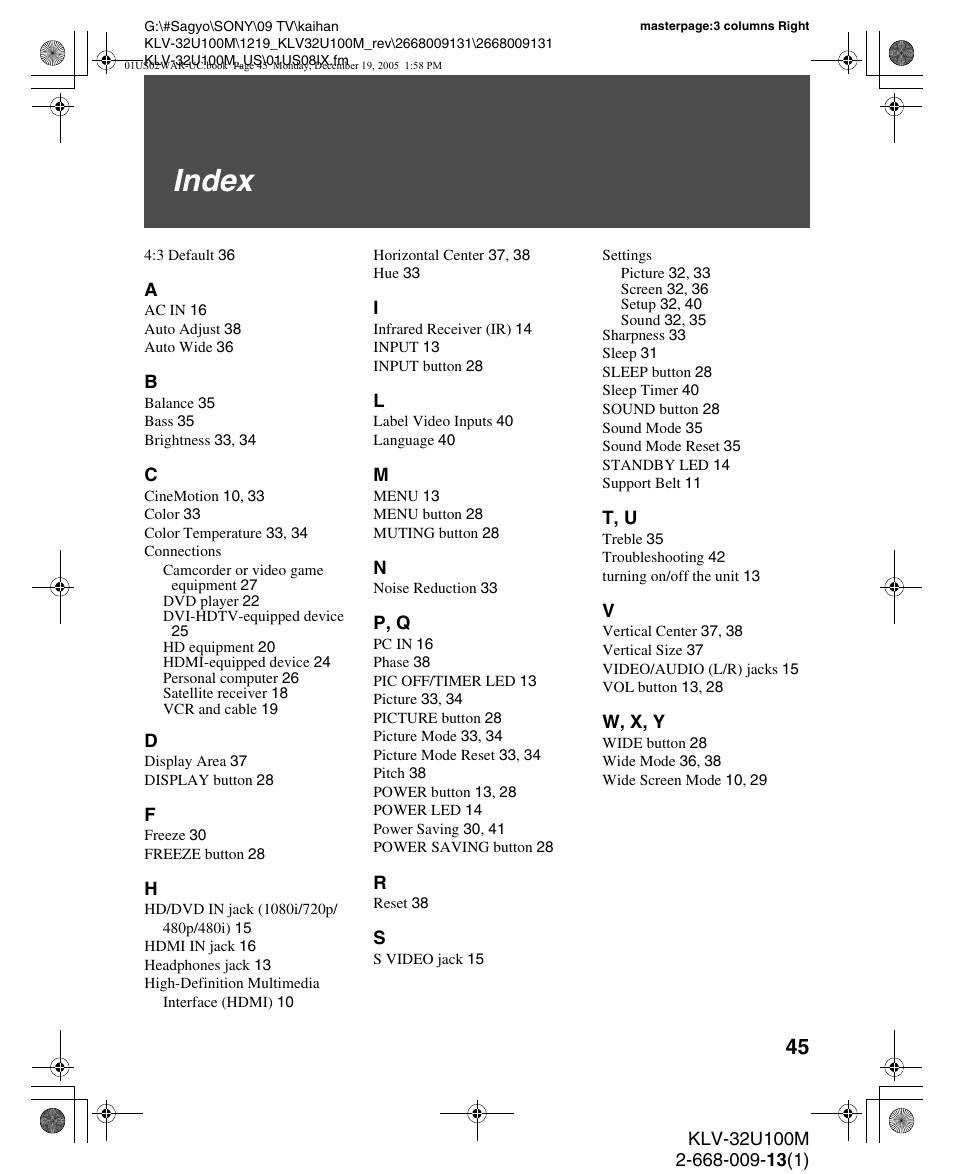 Index | Sony KLV-40U100M User Manual | Page 45 / 48