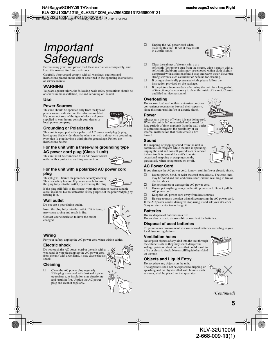 Important safeguards | Sony KLV-40U100M User Manual | Page 5 / 48