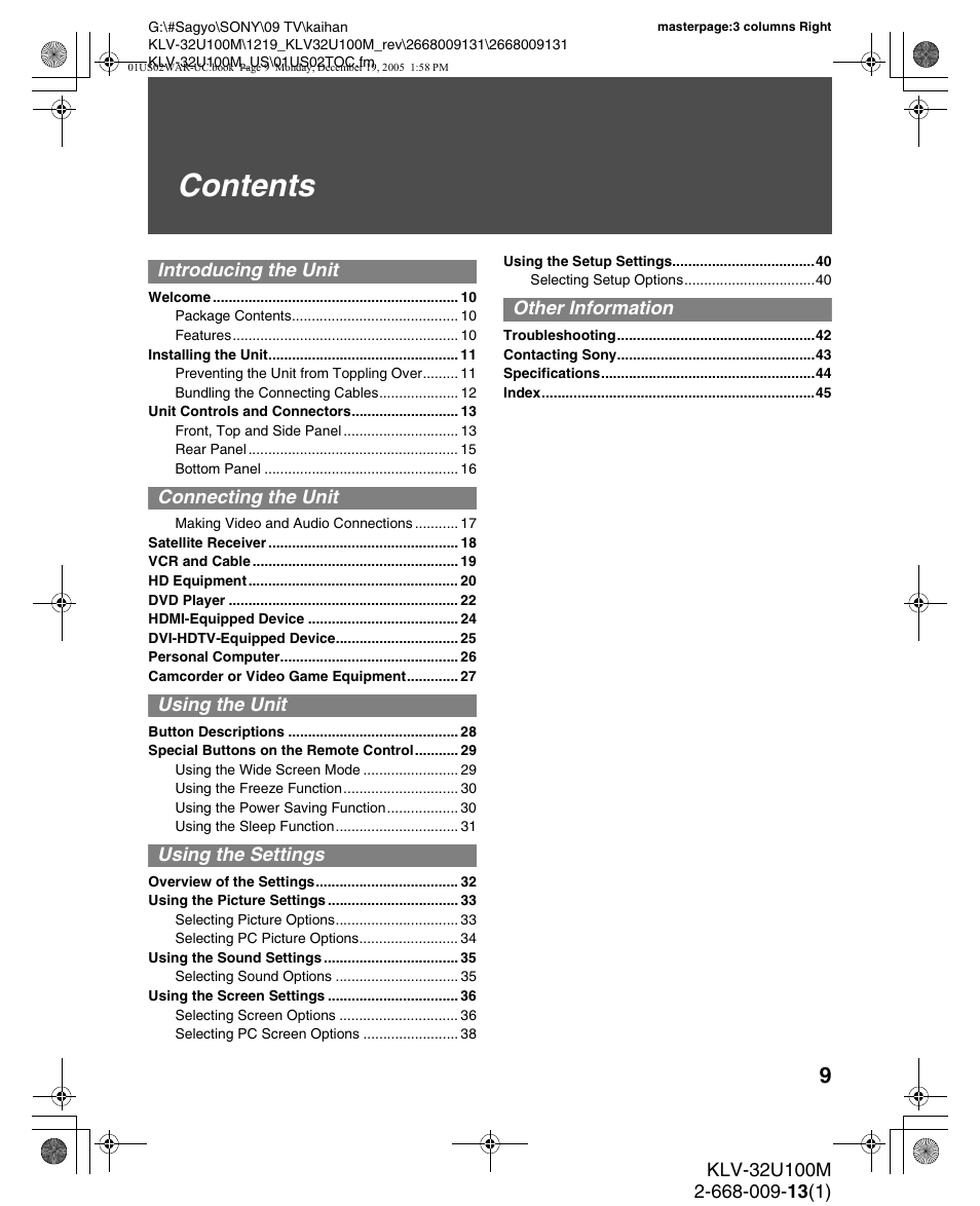 Sony KLV-40U100M User Manual | Page 9 / 48