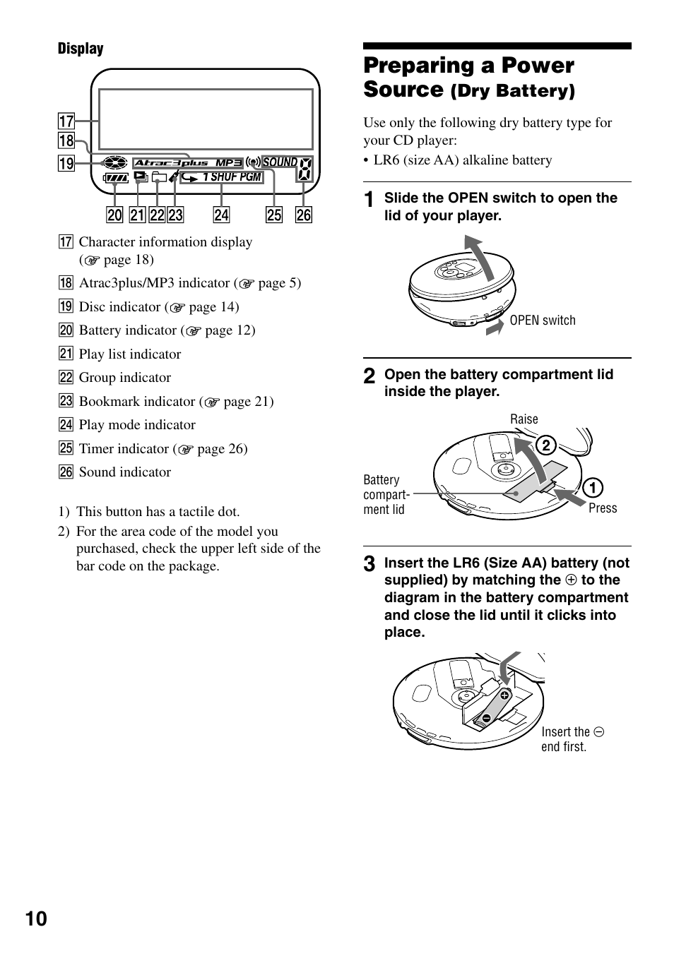 Preparing a power source (dry battery), Preparing a power source, Dry battery) | Sony D-NE319 User Manual | Page 10 / 35