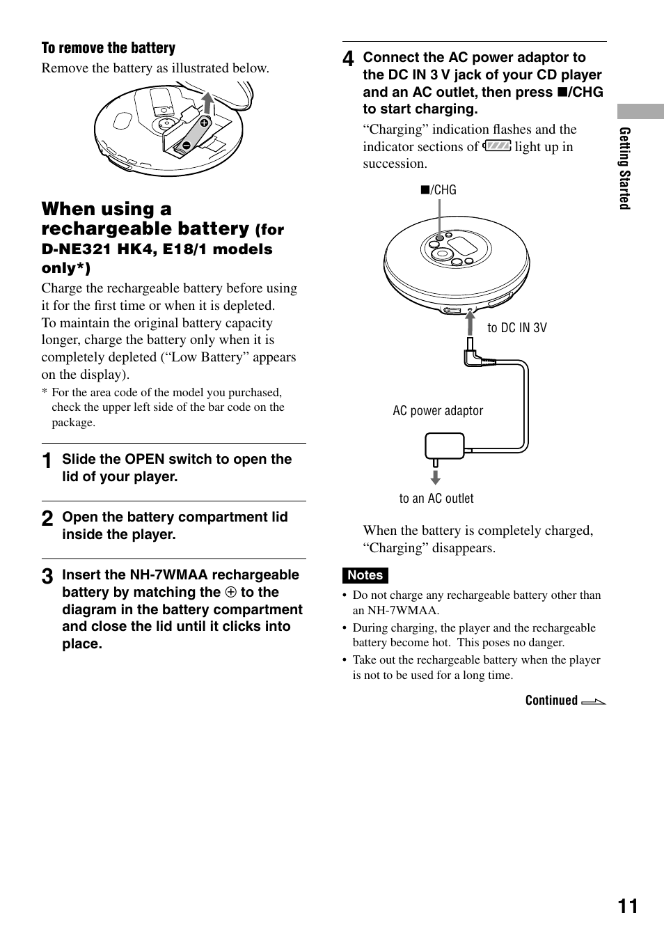 When using a rechargeable battery (for d, Ne321 hk4, e18/1 models only*), When using a rechargeable battery | Sony D-NE319 User Manual | Page 11 / 35
