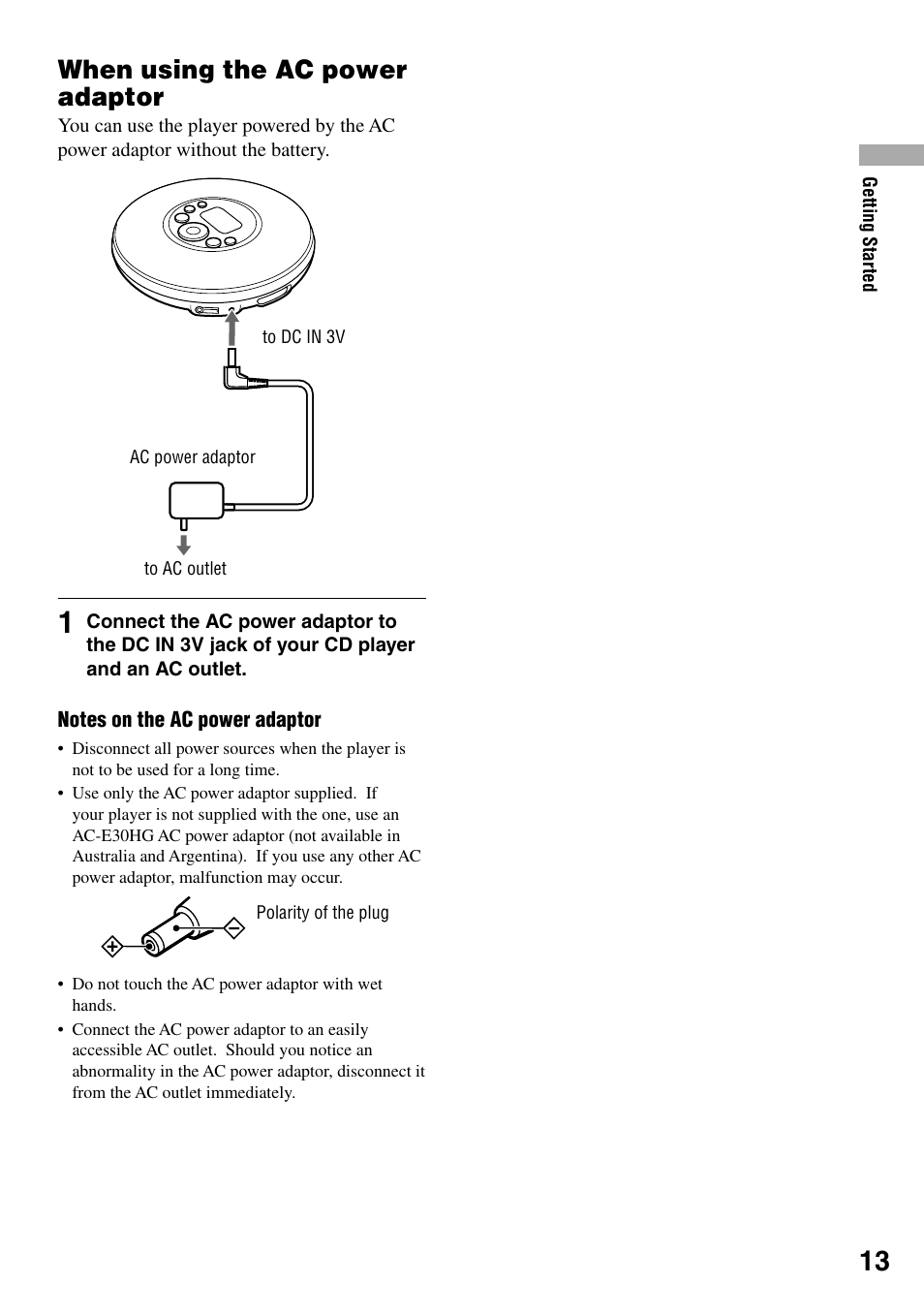 When using the ac power adaptor | Sony D-NE319 User Manual | Page 13 / 35