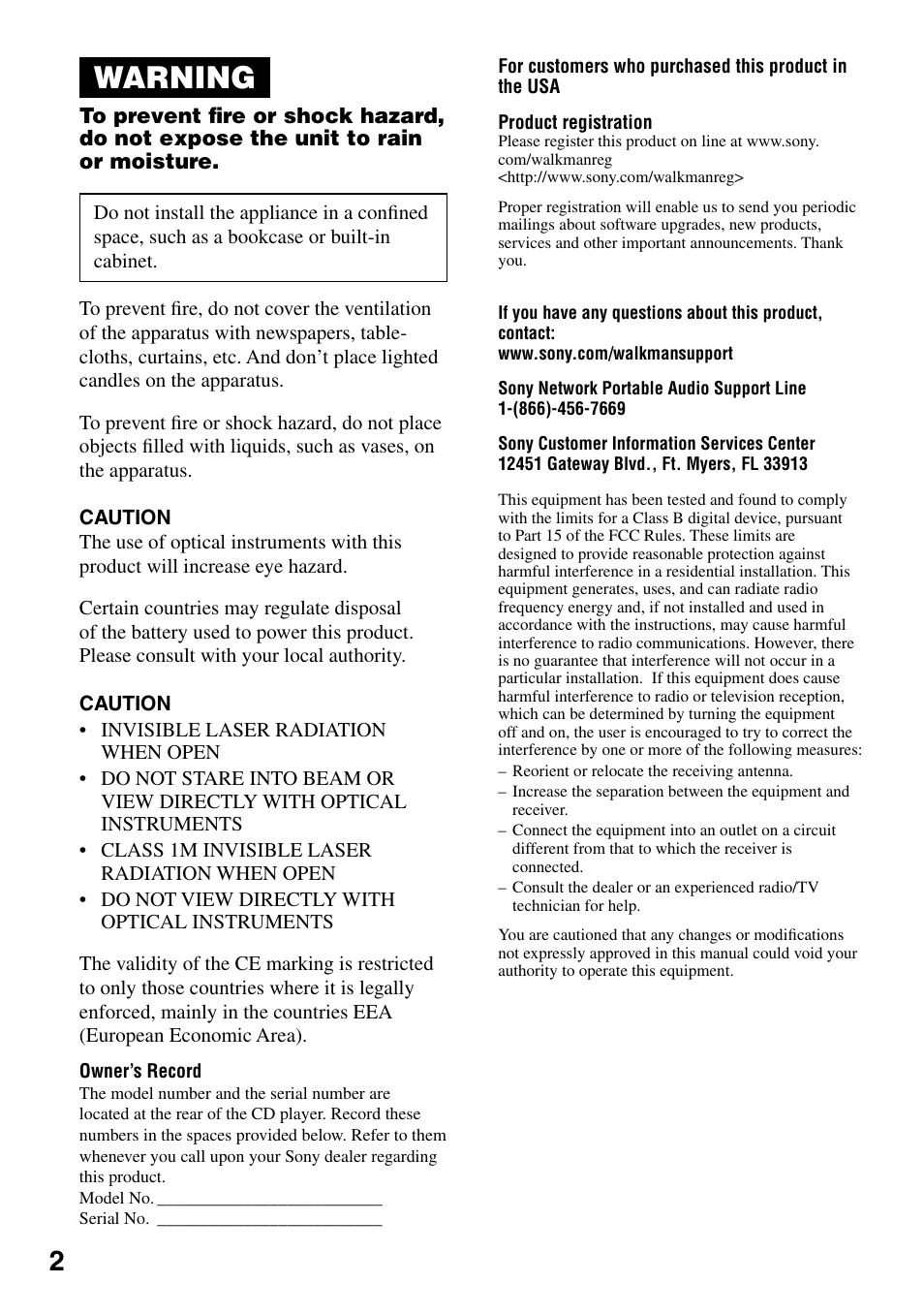 Warning | Sony D-NE319 User Manual | Page 2 / 35