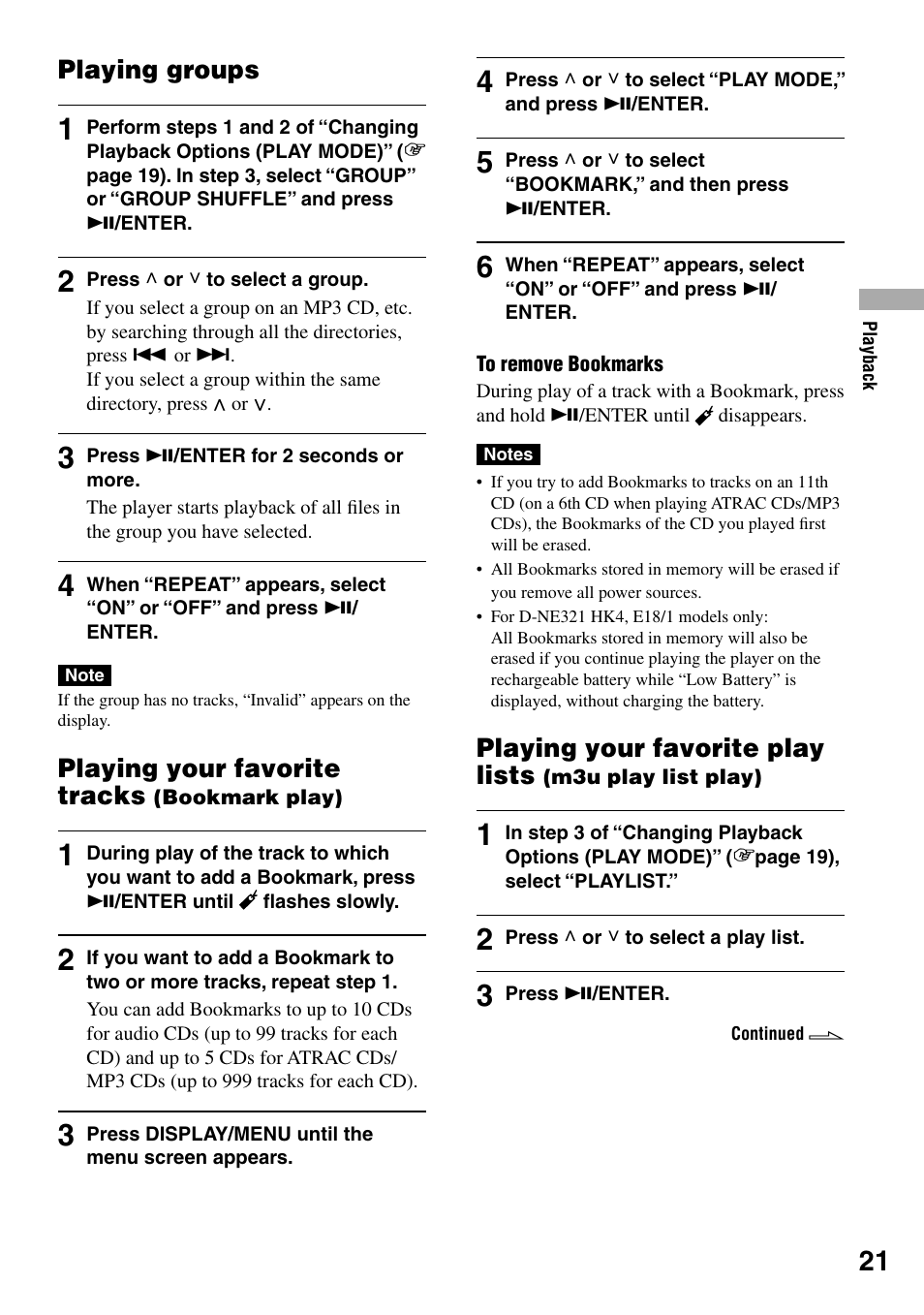 Playing groups, Playing your favorite tracks (bookmark play), Play) | Playing your favorite play lists (m3u play, List play), Playing your favorite play lists, Playing your favorite tracks | Sony D-NE319 User Manual | Page 21 / 35