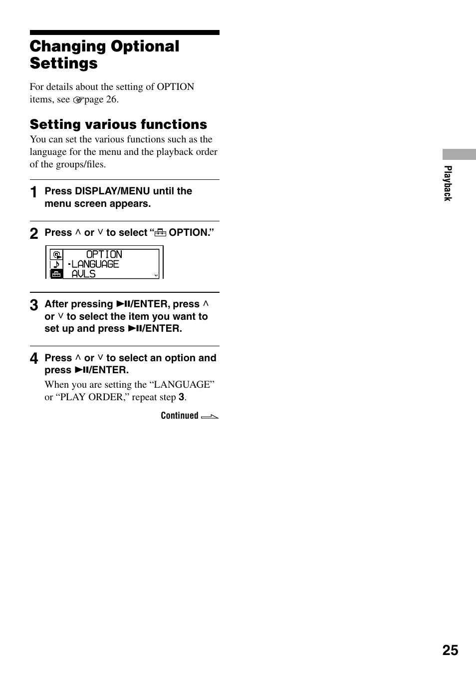 Changing optional settings, Setting various functions | Sony D-NE319 User Manual | Page 25 / 35