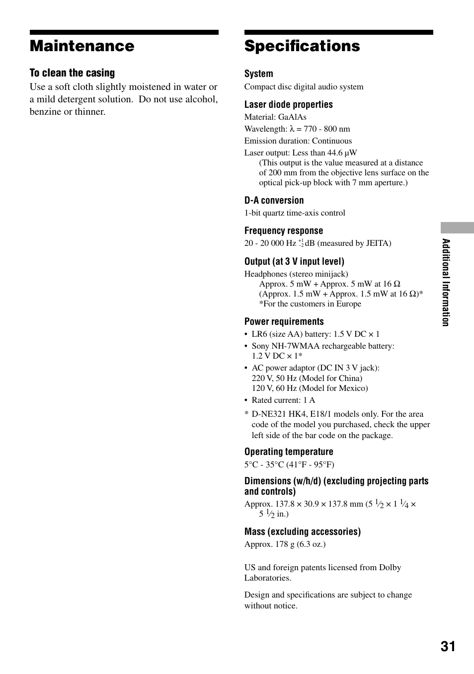 Maintenance, Specifications, Maintenance speciﬁcations | Speciﬁcations | Sony D-NE319 User Manual | Page 31 / 35