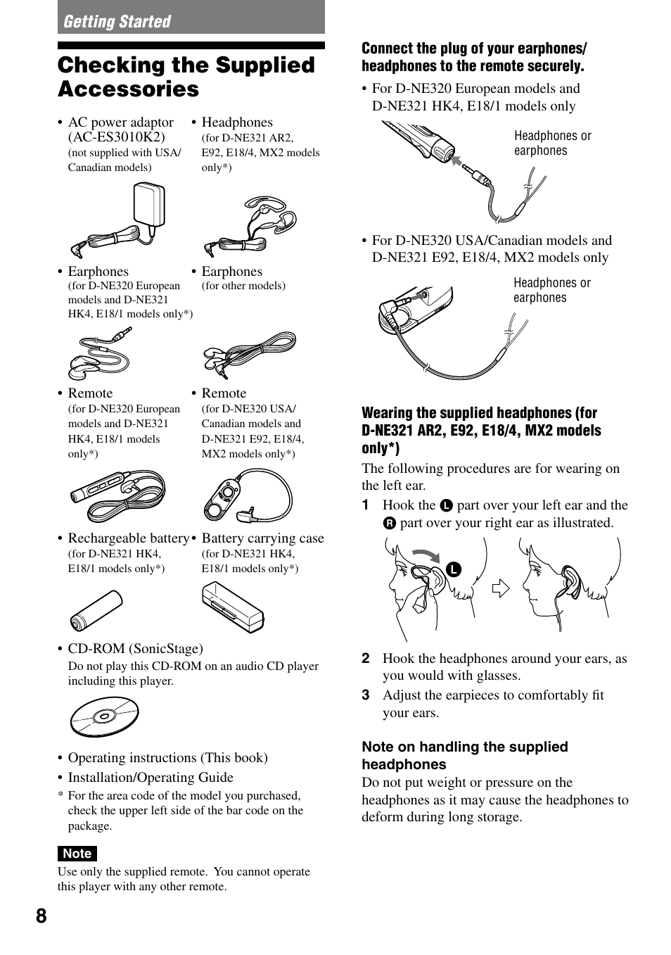 Getting started, Checking the supplied accessories | Sony D-NE319 User Manual | Page 8 / 35