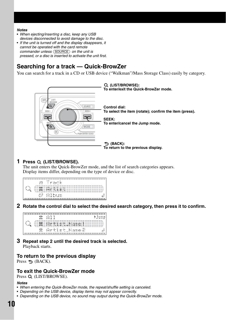 Searching for a track - quick-browzer, Searching for a track, Quick-browzer | Searching for a track — quick-browzer | Sony CDX-GT828U User Manual | Page 10 / 140