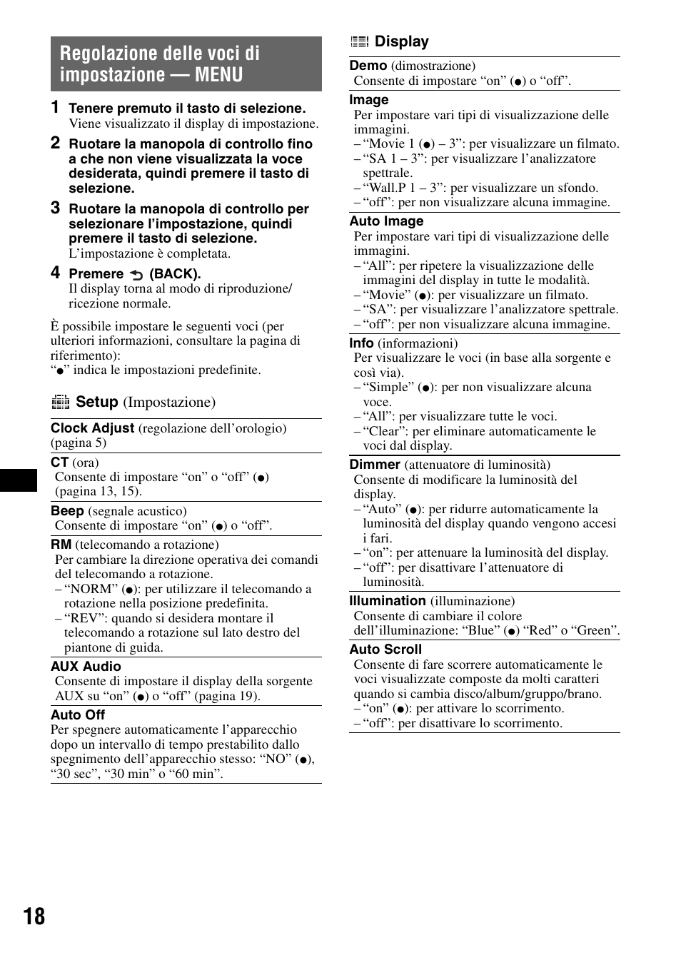 Regolazione delle voci di impostazione - menu, Regolazione delle voci di impostazione, Menu | Regolazione delle voci di impostazione — menu | Sony CDX-GT828U User Manual | Page 102 / 140