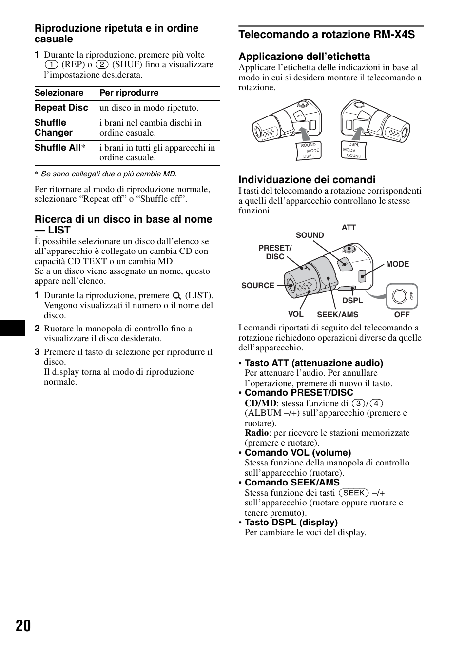 Telecomando a rotazione rm-x4s, Riproduzione ripetuta e in ordine casuale, Ricerca di un disco in base al nome — list | Applicazione dell’etichetta, Individuazione dei comandi | Sony CDX-GT828U User Manual | Page 104 / 140