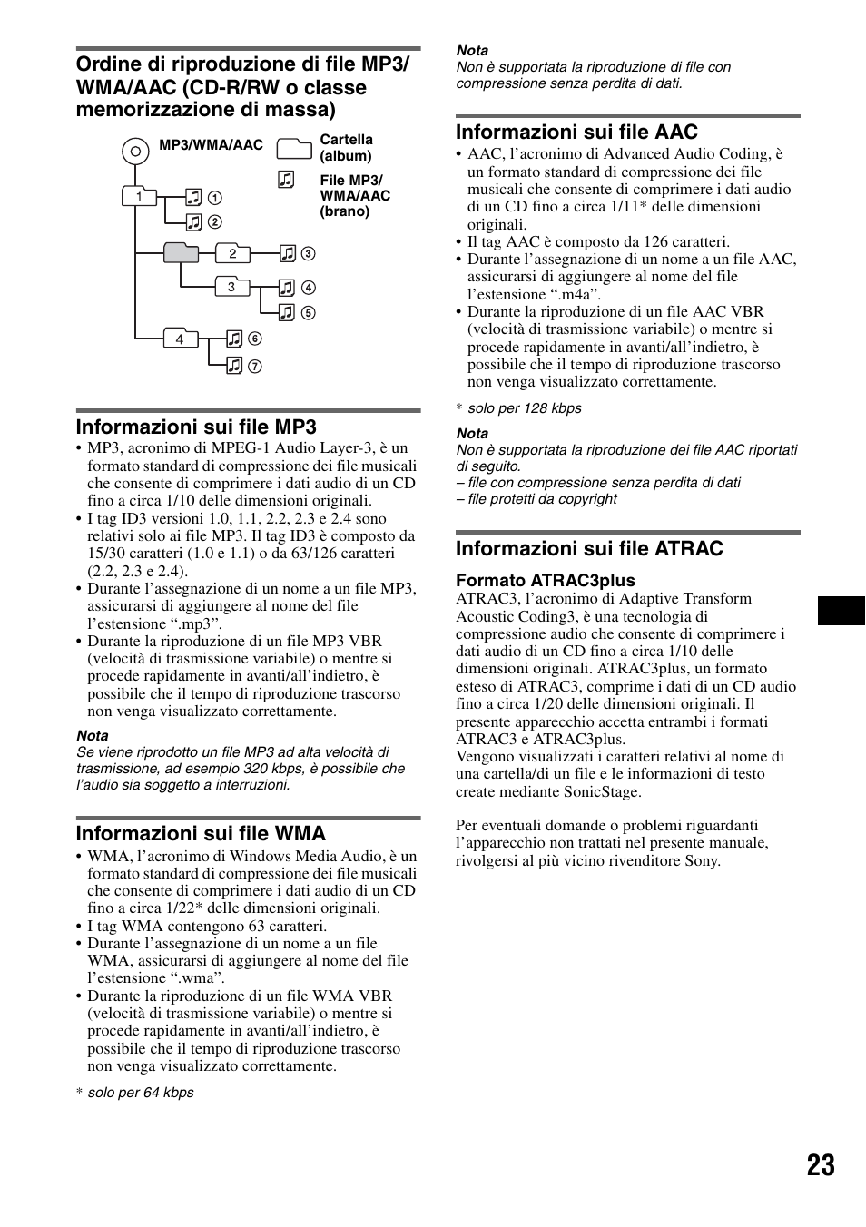 Informazioni sui file mp3, Informazioni sui file wma, Informazioni sui file aac | Informazioni sui file atrac, Ordine di riproduzione di file | Sony CDX-GT828U User Manual | Page 107 / 140