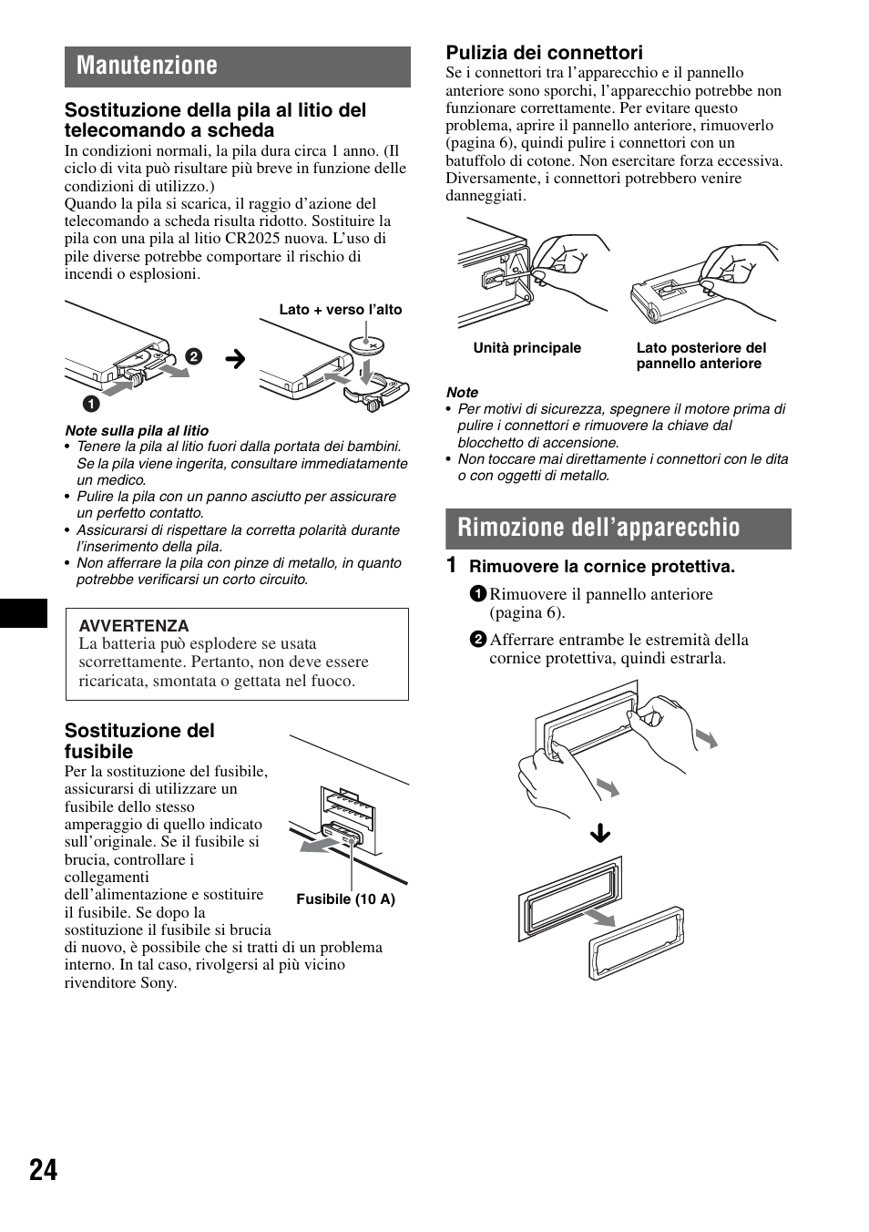 Manutenzione, Rimozione dell’apparecchio, Manutenzione rimozione dell’apparecchio | Sony CDX-GT828U User Manual | Page 108 / 140