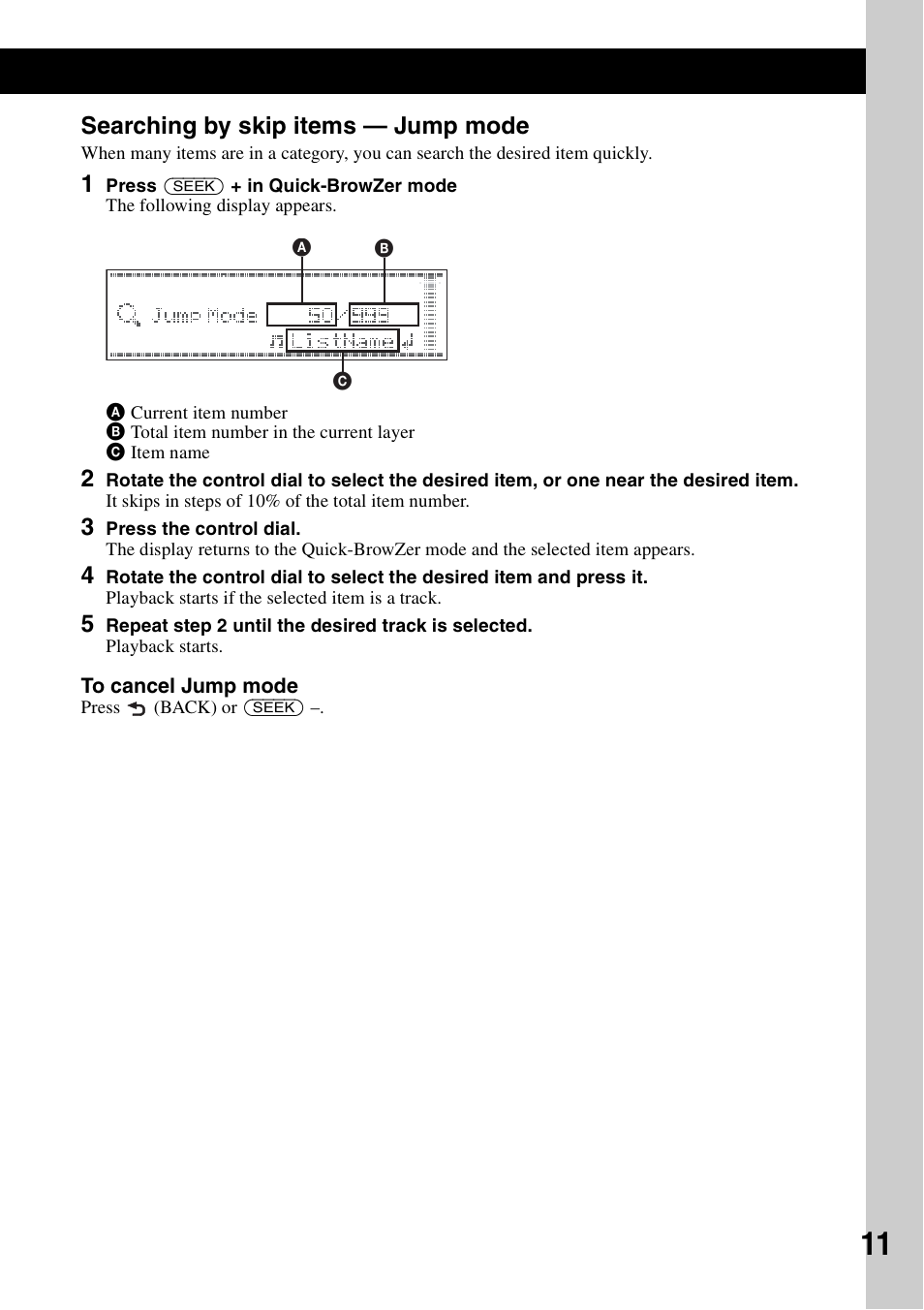 Searching by skip items - jump mode, Searching by skip items — jump mode | Sony CDX-GT828U User Manual | Page 11 / 140