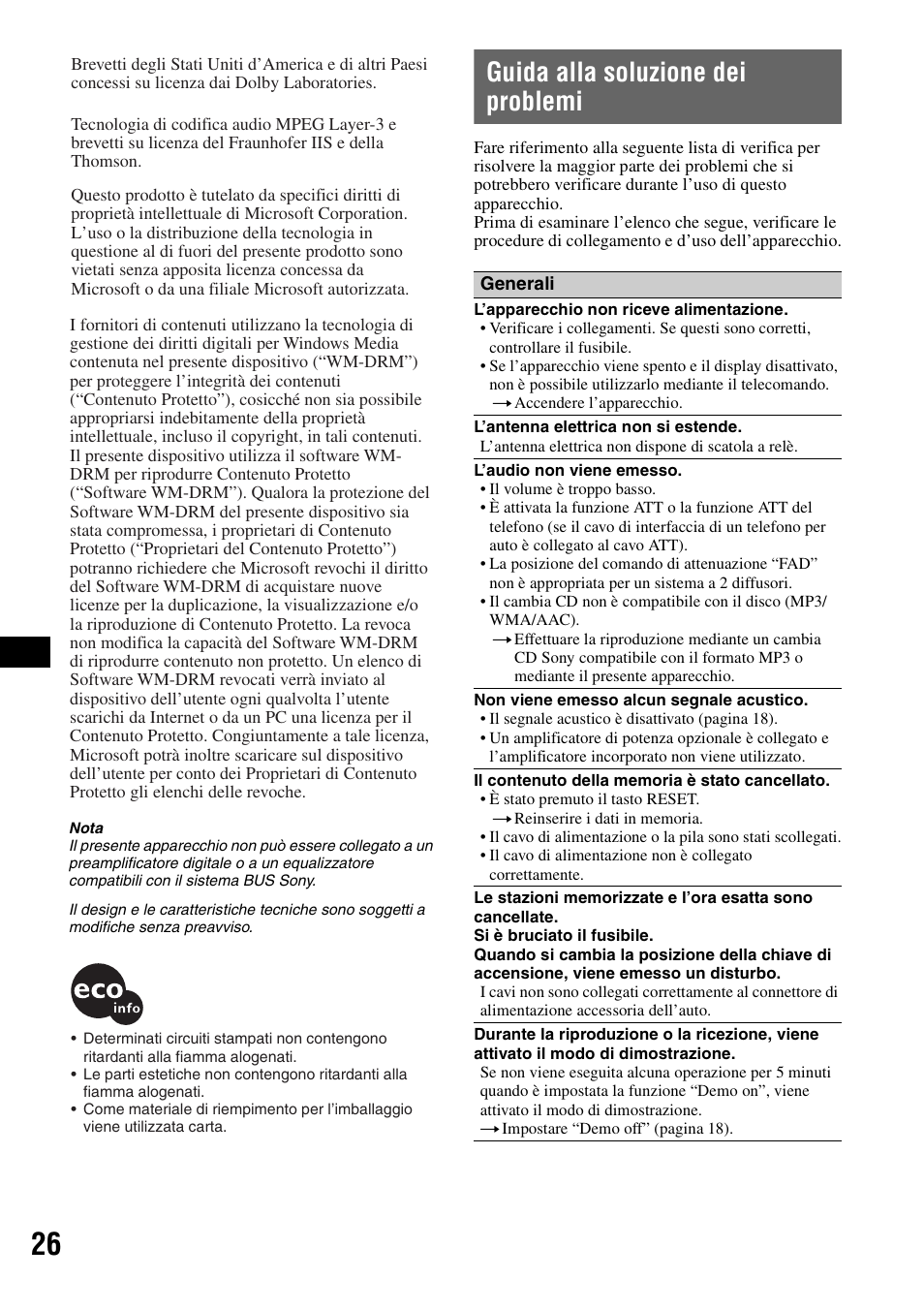 Guida alla soluzione dei problemi | Sony CDX-GT828U User Manual | Page 110 / 140