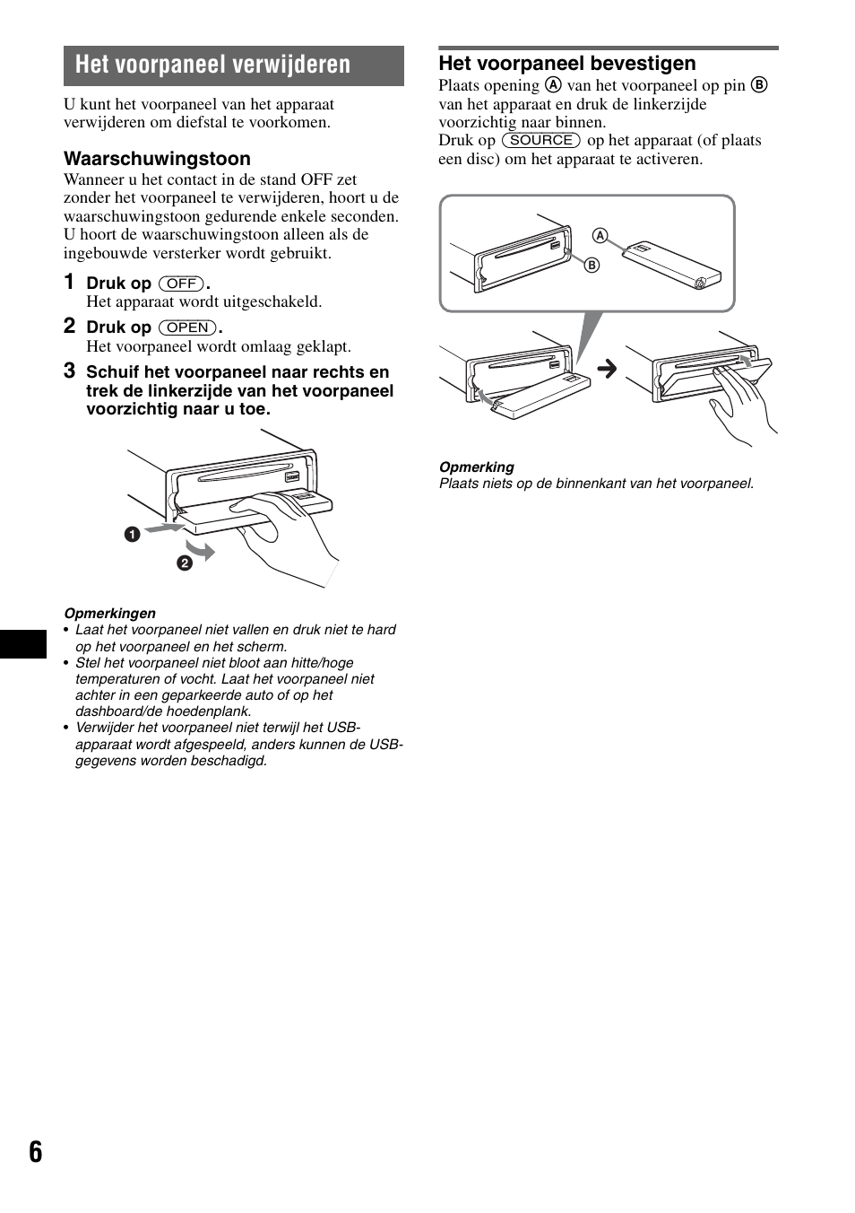 Het voorpaneel verwijderen, Het voorpaneel bevestigen | Sony CDX-GT828U User Manual | Page 118 / 140