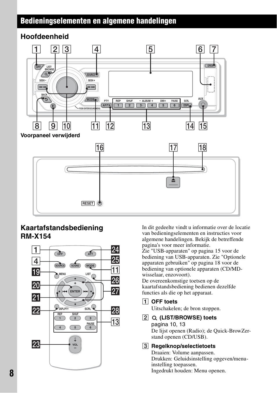 Bedieningselementen en algemene handelingen, Hoofdeenheid, Kaartafstandsbediening rm-x154 | Hoofdeenheid kaartafstandsbediening rm-x154, Qj qk qh, 4wh wg ql qa 1 w; wa ws wf wd qd wj wk | Sony CDX-GT828U User Manual | Page 120 / 140