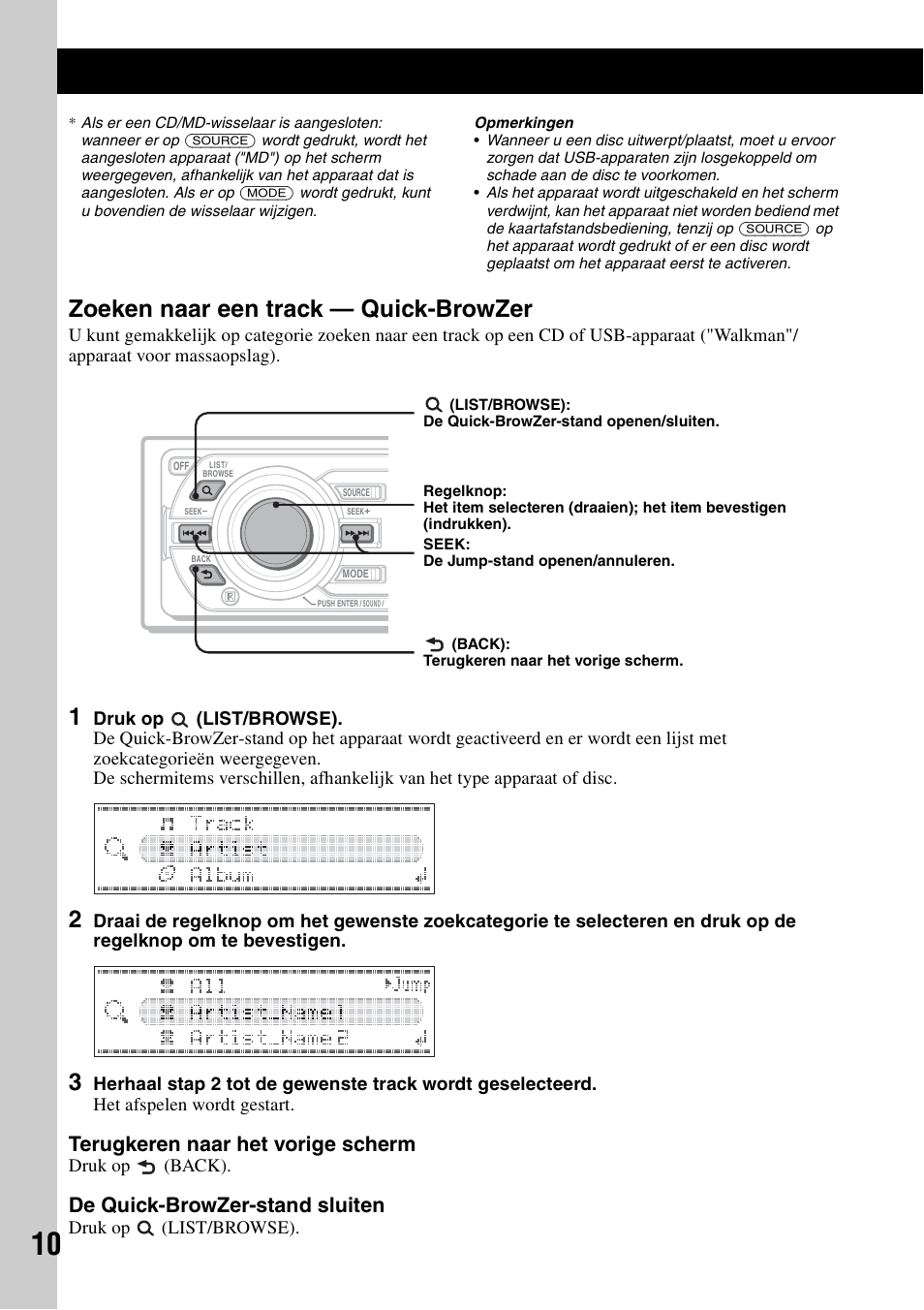 Zoeken naar een track - quick-browzer, Zoeken naar een track, Quick-browzer | Zoeken naar een track — quick-browzer, Terugkeren naar het vorige scherm, De quick-browzer-stand sluiten | Sony CDX-GT828U User Manual | Page 122 / 140