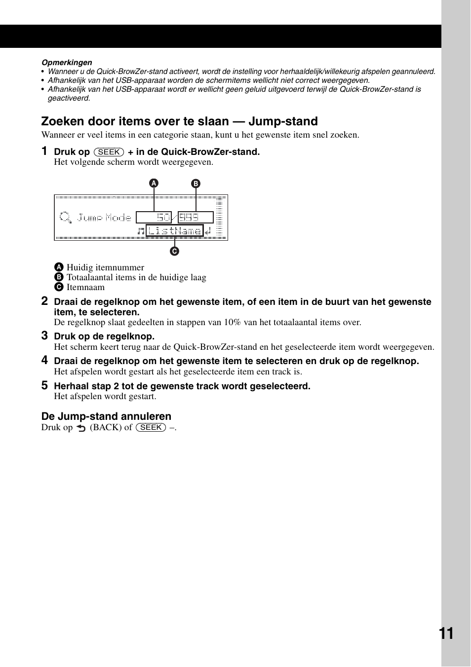 Zoeken door items over te slaan - jump-stand, Zoeken door items over te slaan, Jump-stand | Zoeken door items over te slaan — jump-stand | Sony CDX-GT828U User Manual | Page 123 / 140