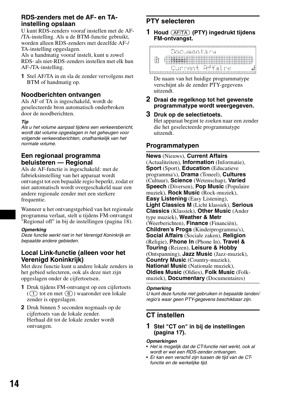 Pty selecteren, Ct instellen, Pty selecteren ct instellen | Sony CDX-GT828U User Manual | Page 126 / 140