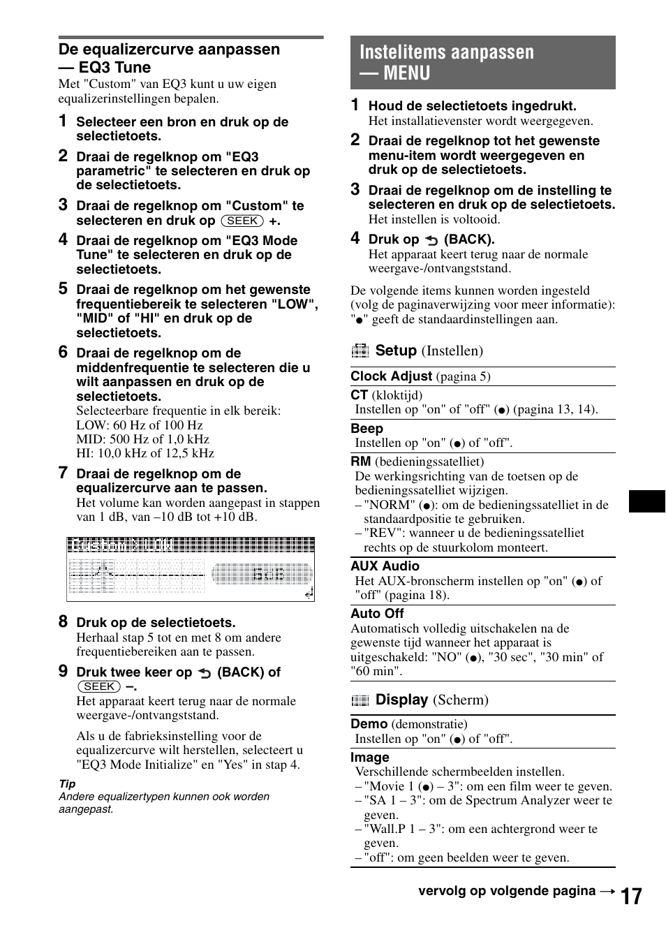 De equalizercurve aanpassen - eq3 tune, Instelitems aanpassen - menu, De equalizercurve aanpassen | Eq3 tune, Instelitems aanpassen — menu | Sony CDX-GT828U User Manual | Page 129 / 140