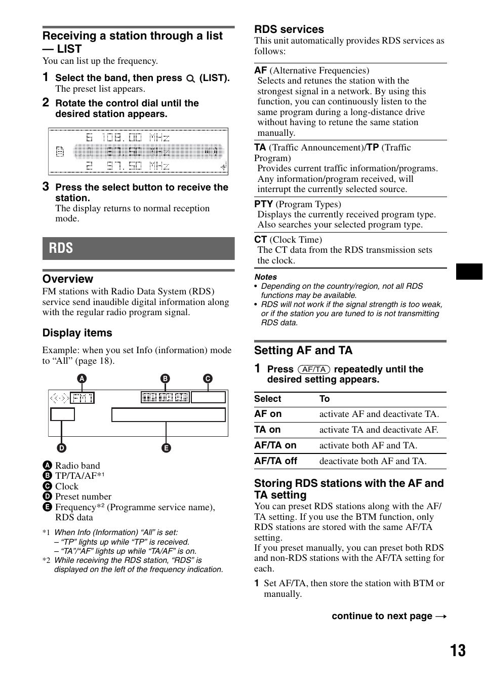 Receiving a station through a list - list, Overview, Setting af and ta | Receiving a station through a list, List, Overview setting af and ta | Sony CDX-GT828U User Manual | Page 13 / 140