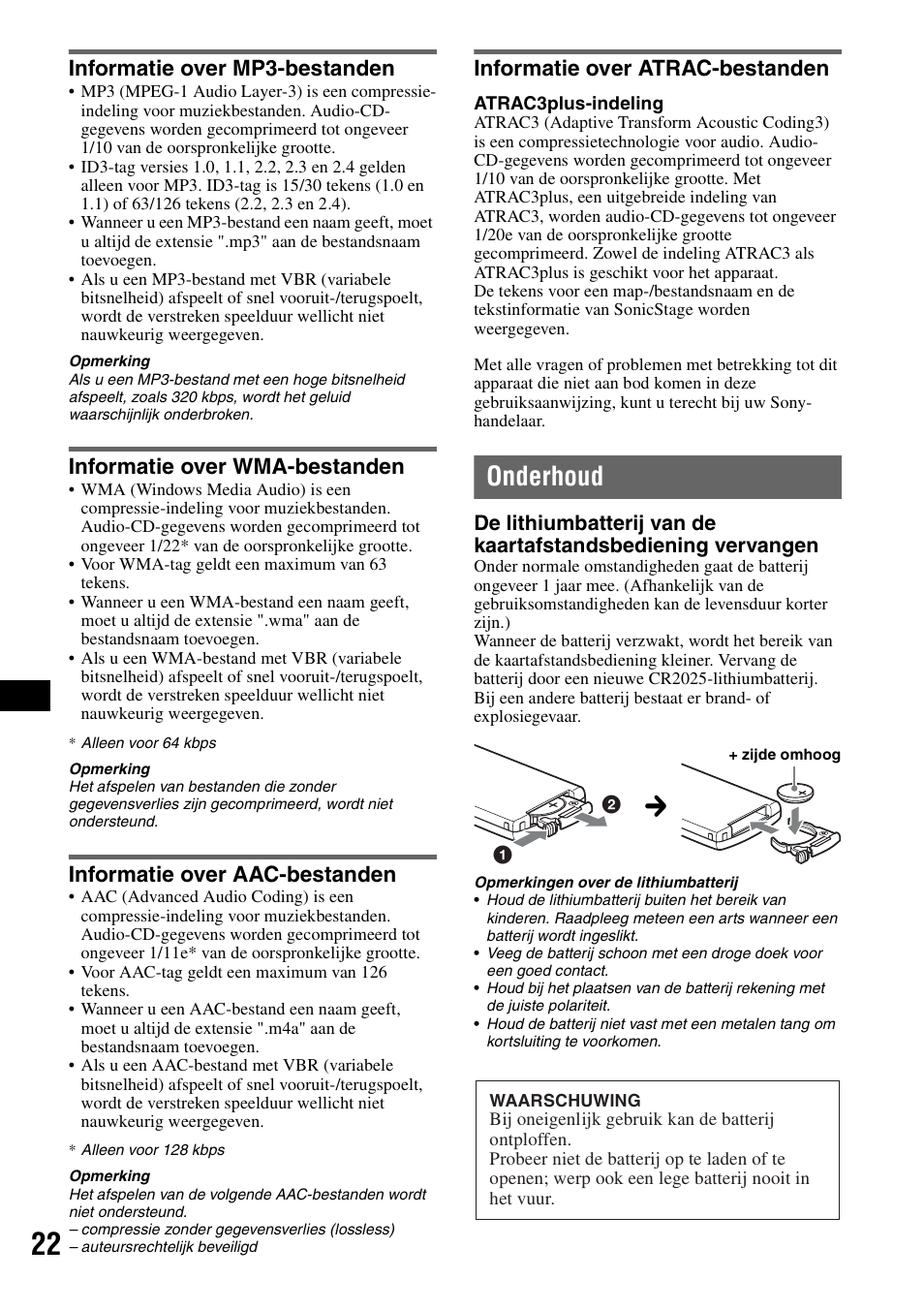 Informatie over mp3-bestanden, Informatie over wma-bestanden, Informatie over aac-bestanden | Informatie over atrac-bestanden, Onderhoud | Sony CDX-GT828U User Manual | Page 134 / 140